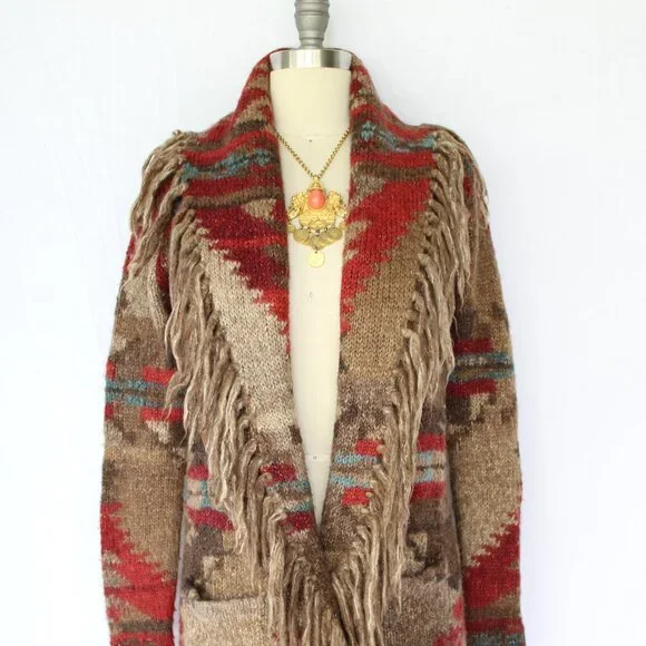SOLD. RALPH LAUREN Denim Supply fringe polo RRL wool Aztec tribal Cardigan - Picture 5 of 10
